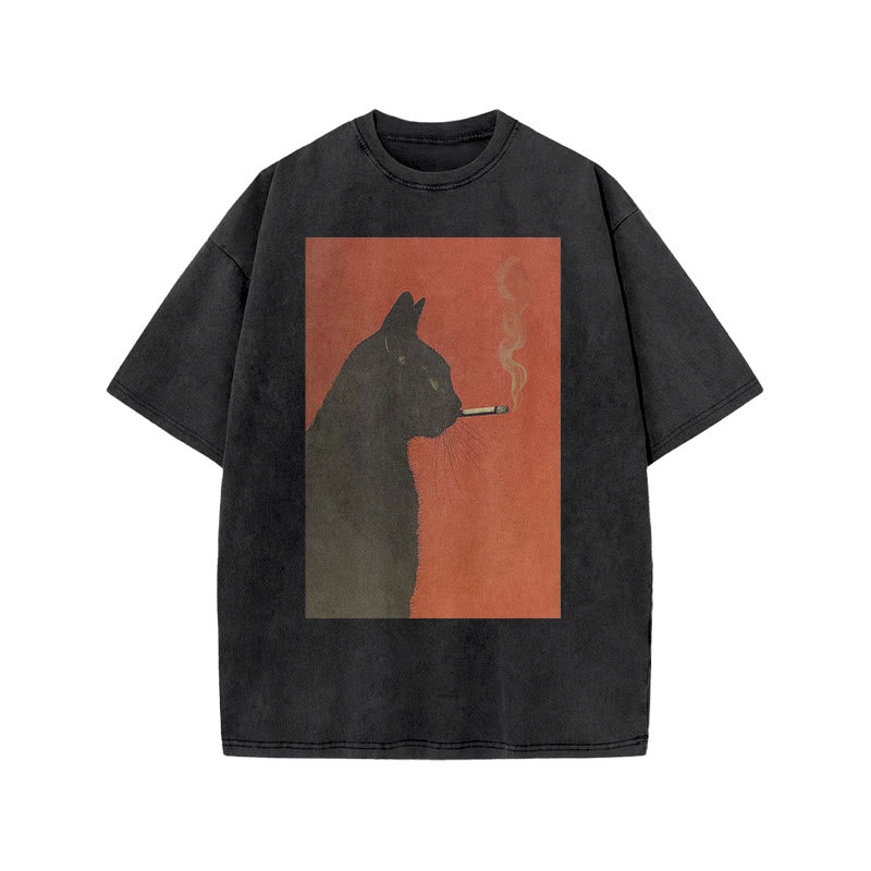 Cool Smoking Black Cat Print Acid Washed T-shirt