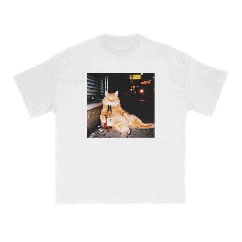 Orange Cat Sipping Beer Print T-shirt