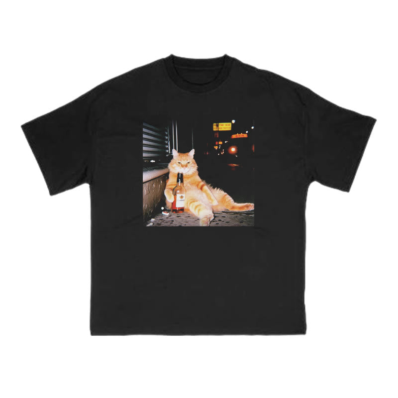 Orange Cat Sipping Beer Print T-shirt
