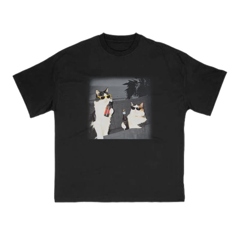 Two Cool Cats Enjoying Beer Print T-shirt