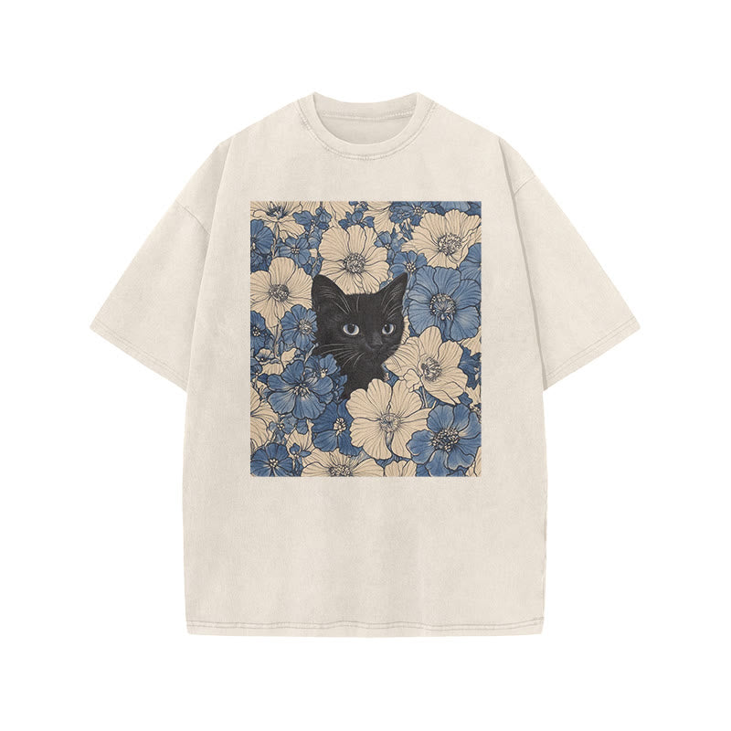Black Cat In A Patchwork Flower Field Front Print Acid Washed T-shirt