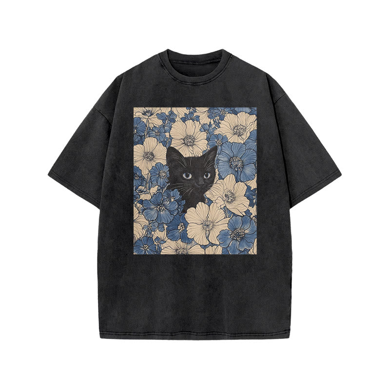 Black Cat In A Patchwork Flower Field Front Print Acid Washed T-shirt