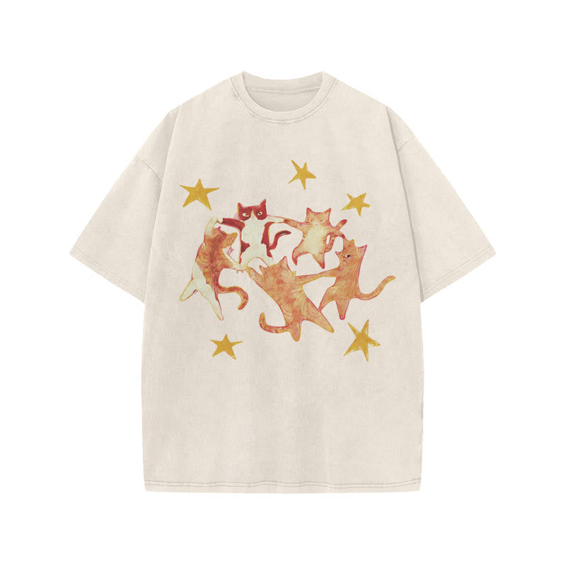 Cats Holding Hands And Dancing Print Acid Washed T-shirt