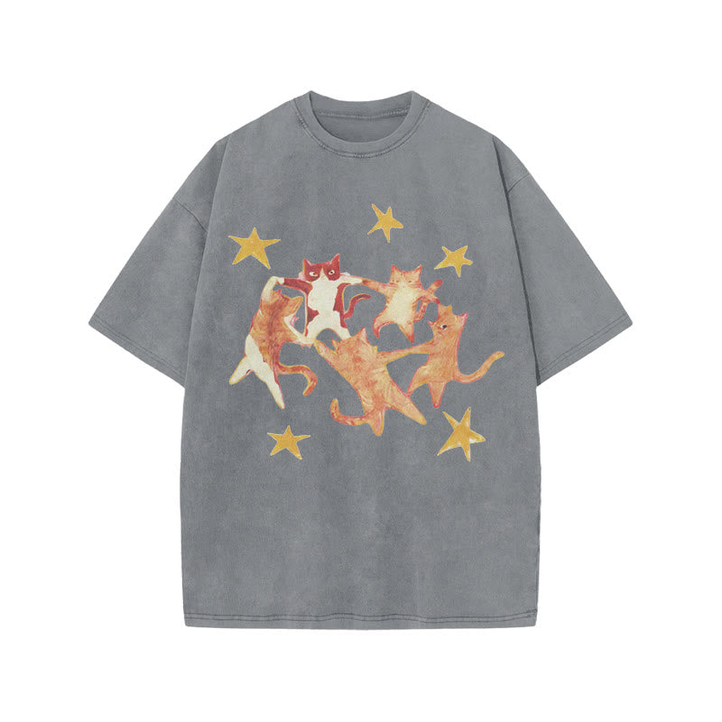 Cats Holding Hands And Dancing Print Acid Washed T-shirt