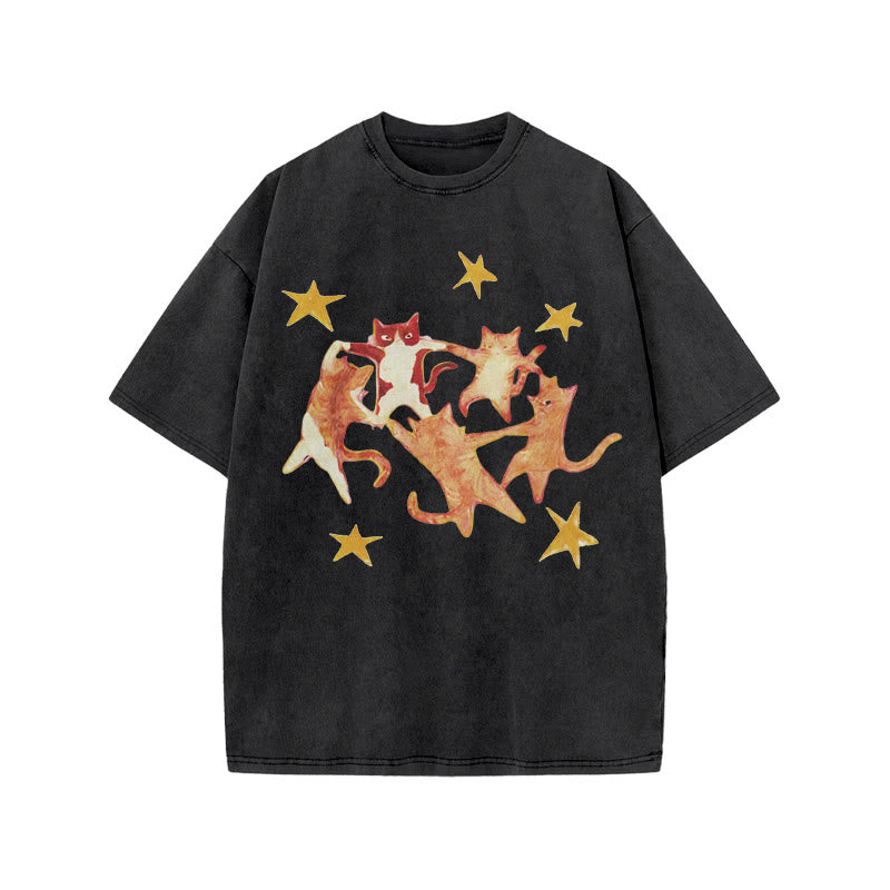 Cats Holding Hands And Dancing Print Acid Washed T-shirt