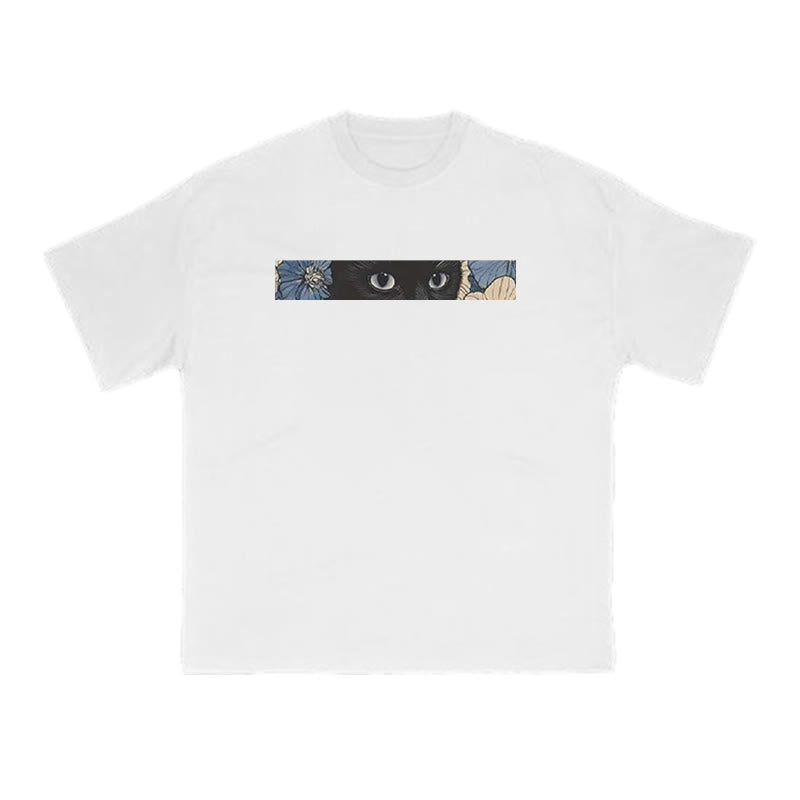 Black Cat In Flower Field Print T-shirt