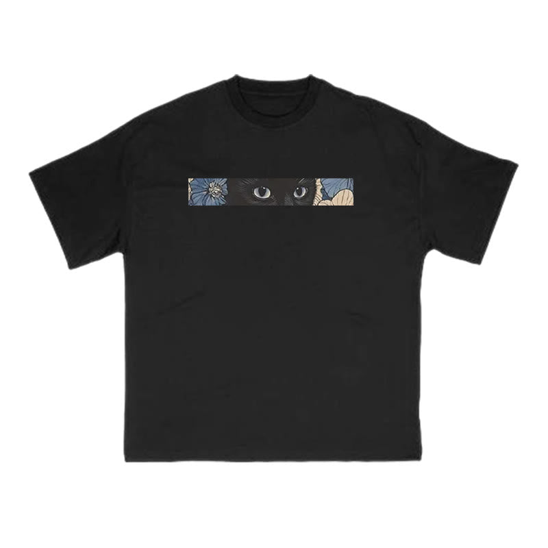 Black Cat In Flower Field Print T-shirt