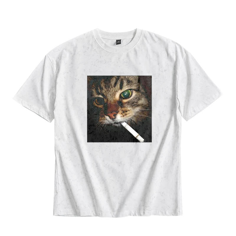 Cat With Cigarette In Mouth Print Tie-dye T-shirt