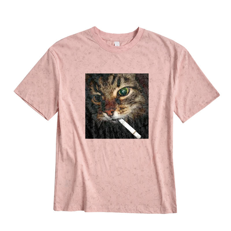 Cat With Cigarette In Mouth Print Tie-dye T-shirt