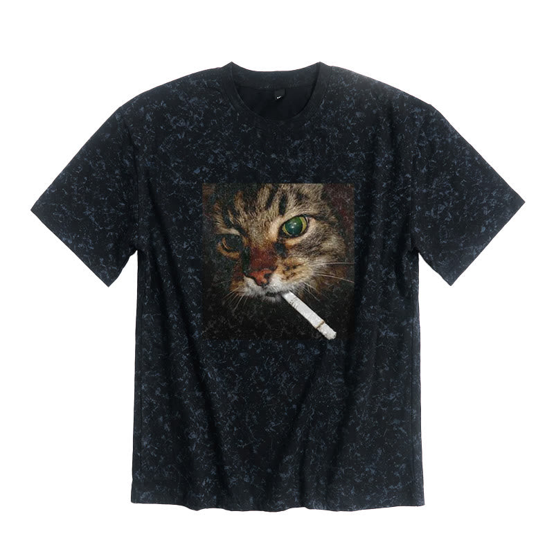 Cat With Cigarette In Mouth Print Tie-dye T-shirt