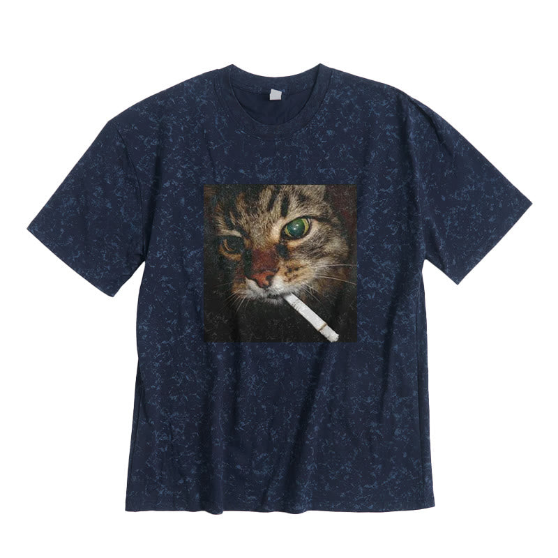 Cat With Cigarette In Mouth Print Tie-dye T-shirt