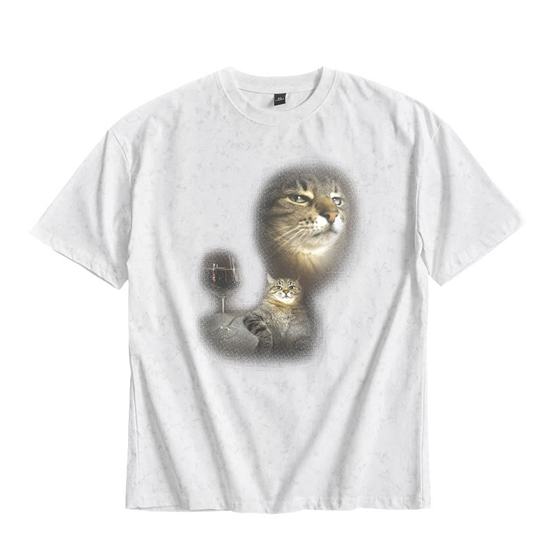 Cat And Wine Print Tie-dye T-shirt