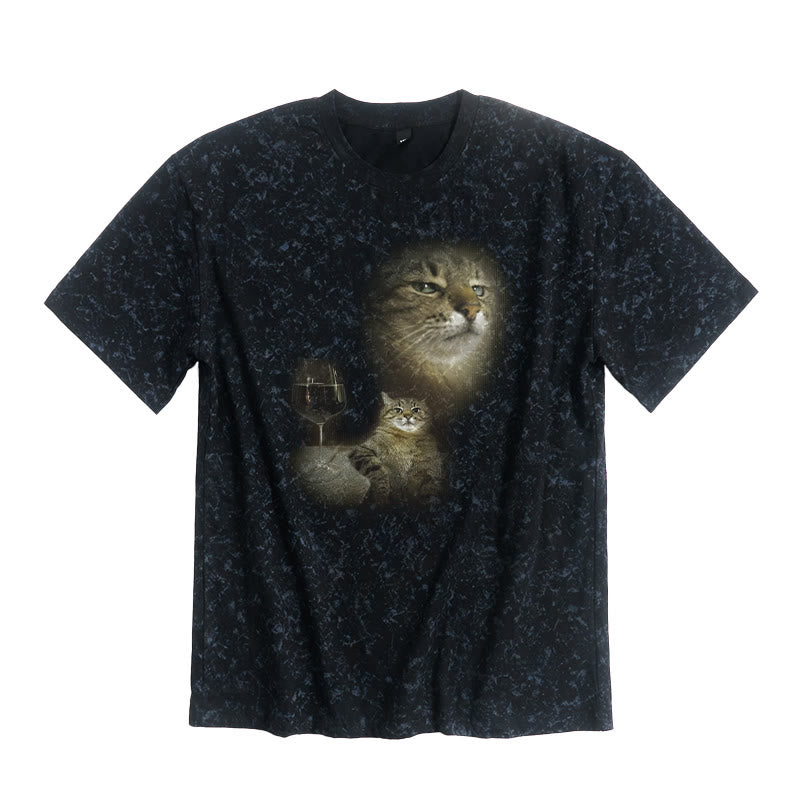 Cat And Wine Print Tie-dye T-shirt