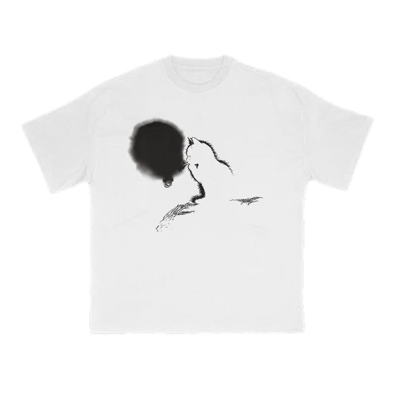 Smoking Cat Full Moon Silhouette Print T-shirt