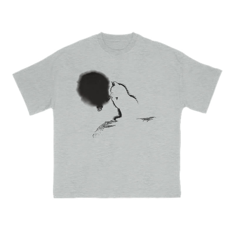 Smoking Cat Full Moon Silhouette Print T-shirt