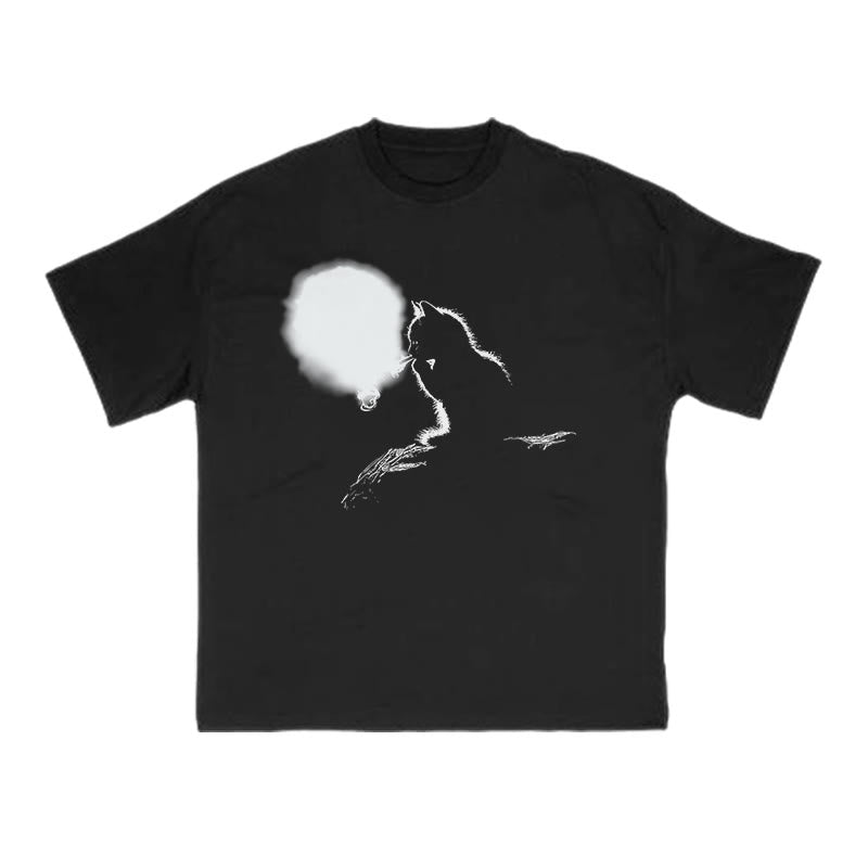 Smoking Cat Full Moon Silhouette Print T-shirt