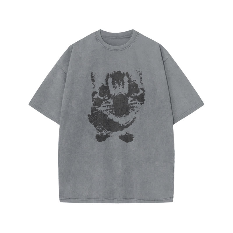 Cute Cat Silhouette Print Acid Washed T-shirt