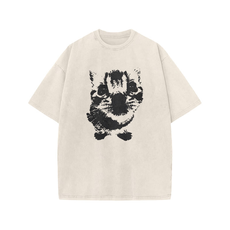 Cute Cat Silhouette Print Acid Washed T-shirt