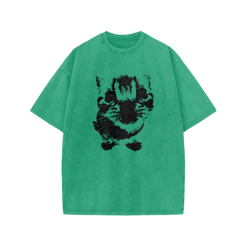 Cute Cat Silhouette Print Acid Washed T-shirt