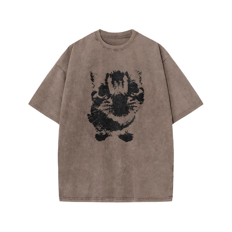 Cute Cat Silhouette Print Acid Washed T-shirt
