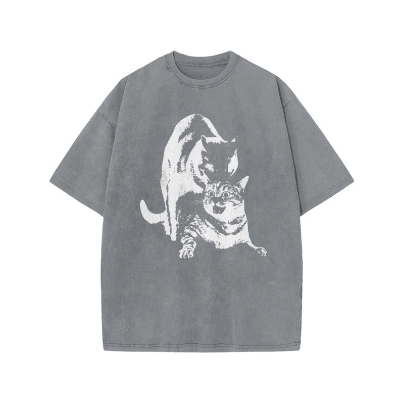Viral Cat Meme Print Acid Washed T-shirt