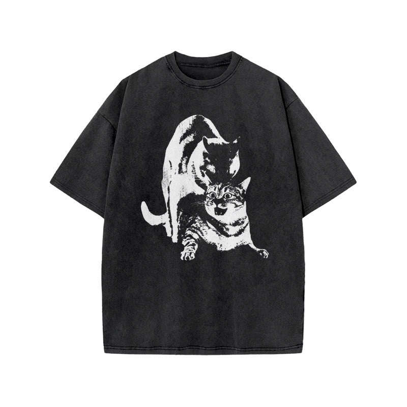 Viral Cat Meme Print Acid Washed T-shirt