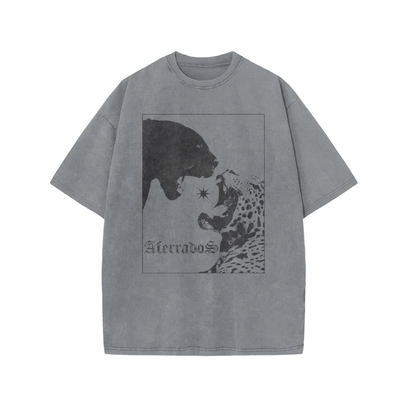 Black Panther Vs Leopard Aterrados Print Acid Washed T-shirt