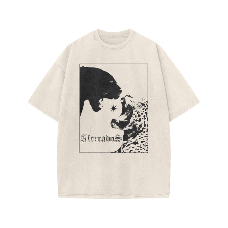 Black Panther Vs Leopard Aterrados Print Acid Washed T-shirt