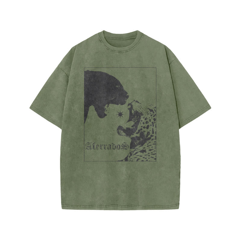 Black Panther Vs Leopard Aterrados Print Acid Washed T-shirt