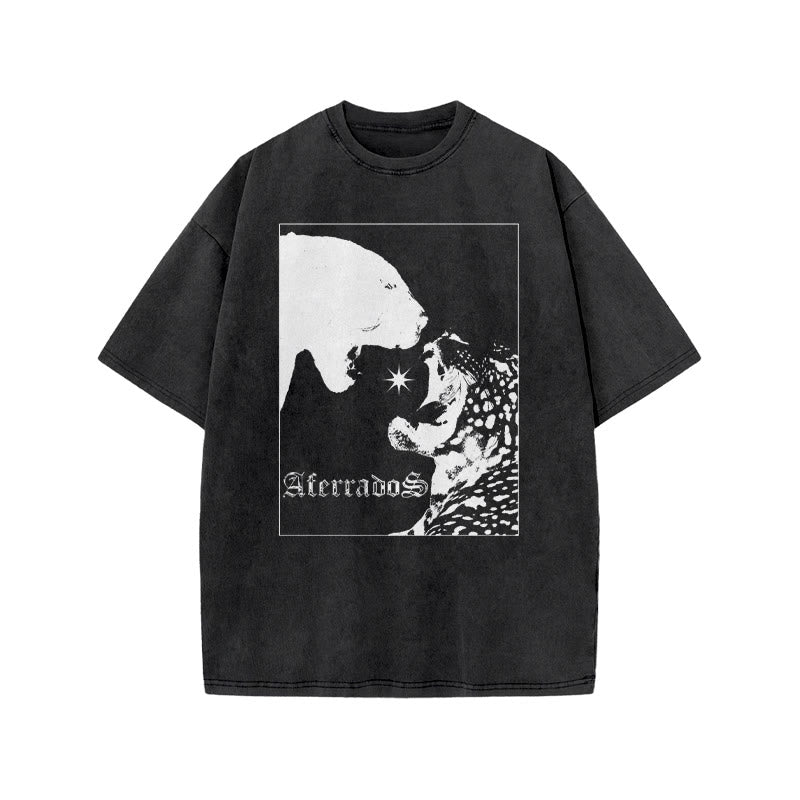 Black Panther Vs Leopard Aterrados Print Acid Washed T-shirt