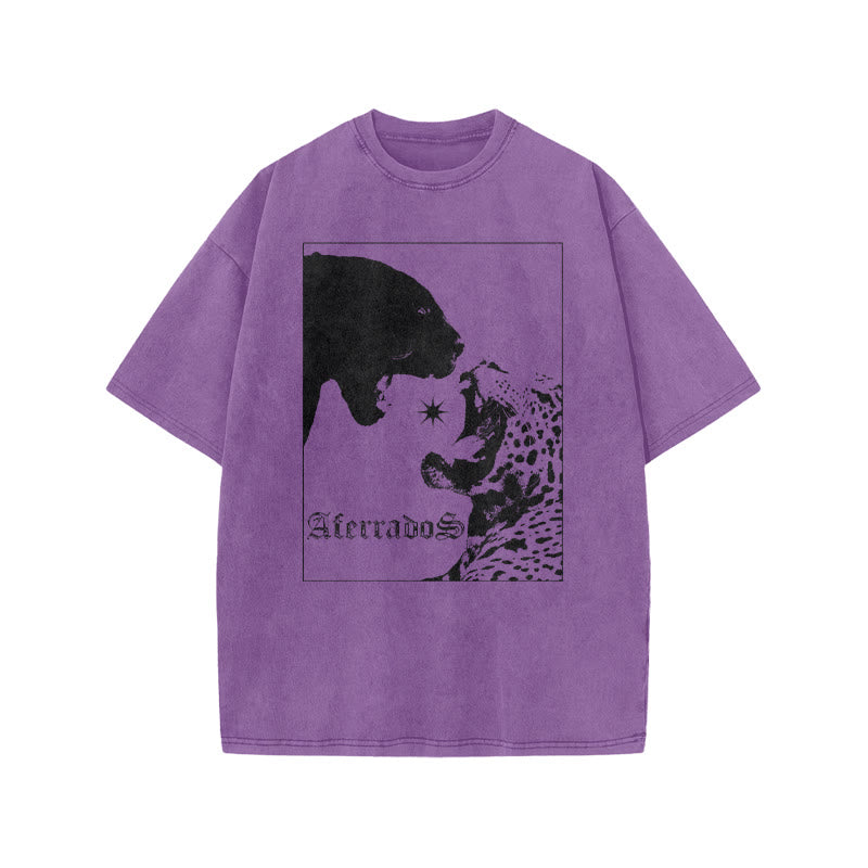 Black Panther Vs Leopard Aterrados Print Acid Washed T-shirt