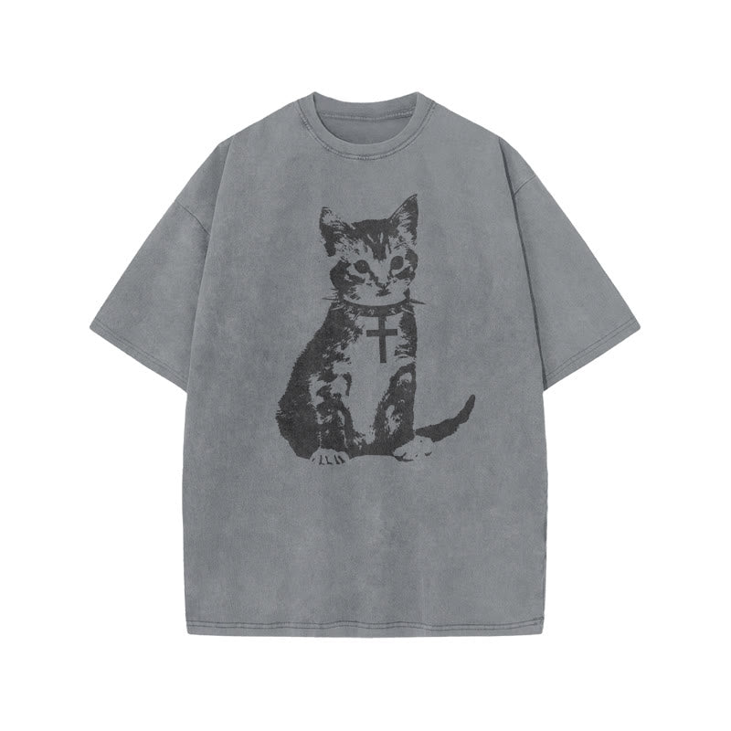 Cat With A Cross Collar Print Acid Washed T-shirt