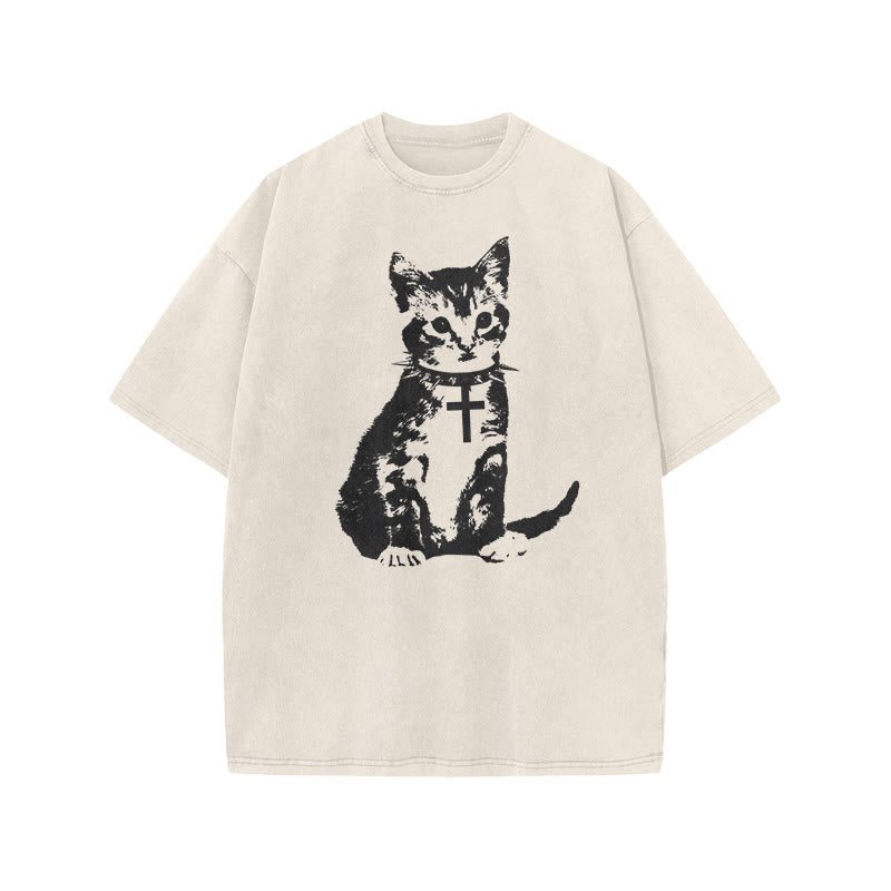 Cat With A Cross Collar Print Acid Washed T-shirt