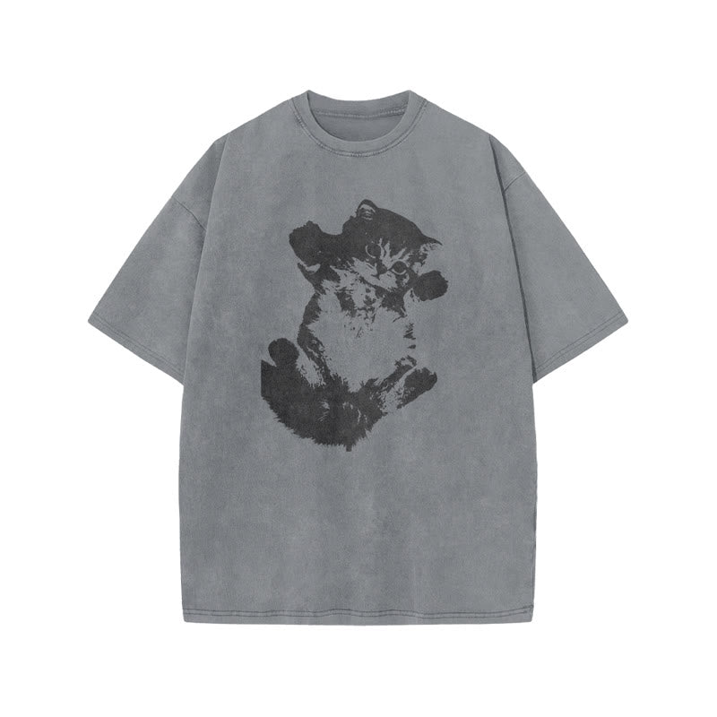 Lazy Cute Cat Print Acid Washed T-shirt