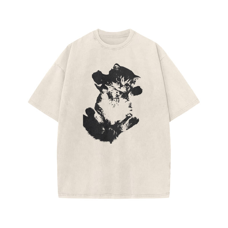 Lazy Cute Cat Print Acid Washed T-shirt