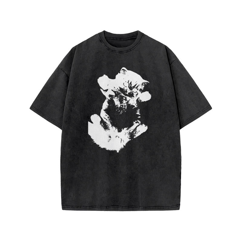 Lazy Cute Cat Print Acid Washed T-shirt