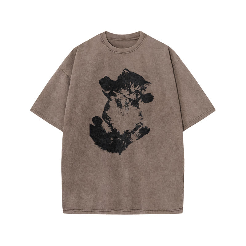Lazy Cute Cat Print Acid Washed T-shirt