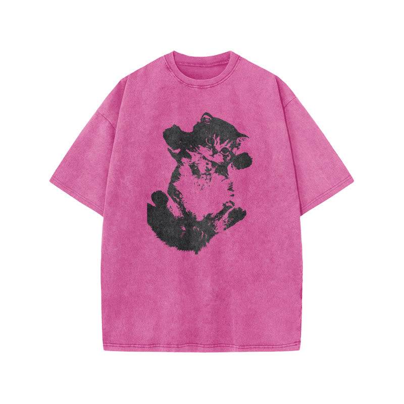 Lazy Cute Cat Print Acid Washed T-shirt
