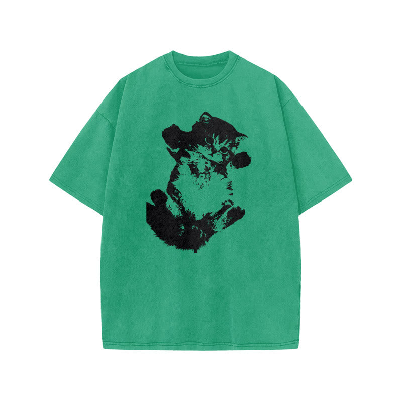 Lazy Cute Cat Print Acid Washed T-shirt