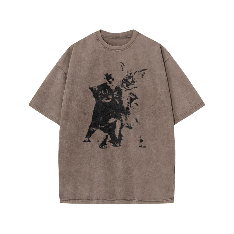 Fighting Kittens Print Acid Washed T-shirt