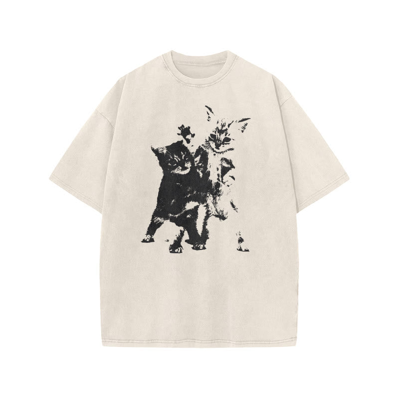 Fighting Kittens Print Acid Washed T-shirt
