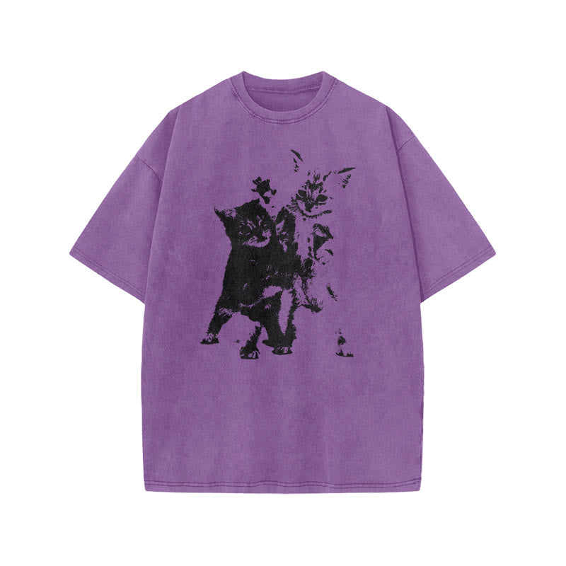 Fighting Kittens Print Acid Washed T-shirt