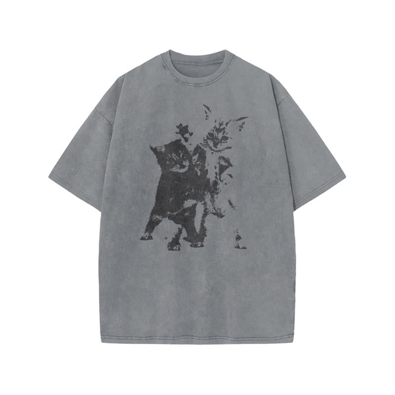 Fighting Kittens Print Acid Washed T-shirt
