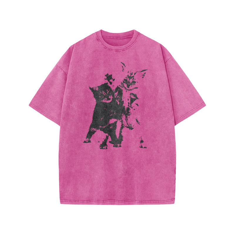 Fighting Kittens Print Acid Washed T-shirt