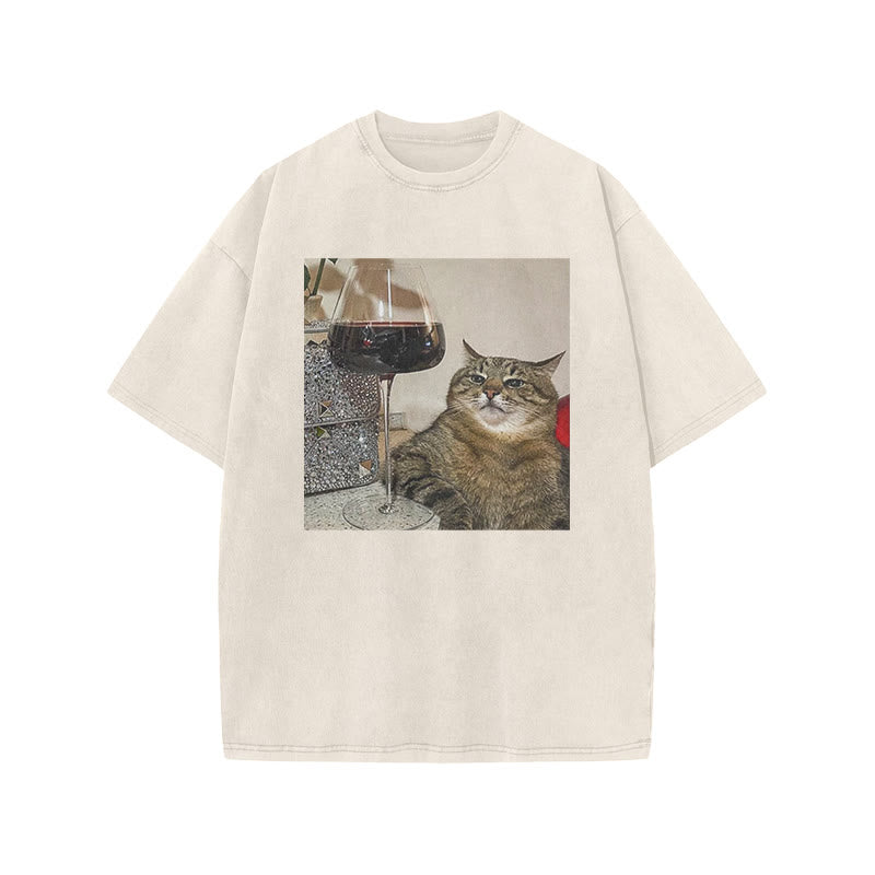Tabby Cat & Wine Print Acid Washed T-shirt