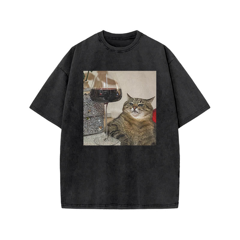 Tabby Cat & Wine Print Acid Washed T-shirt