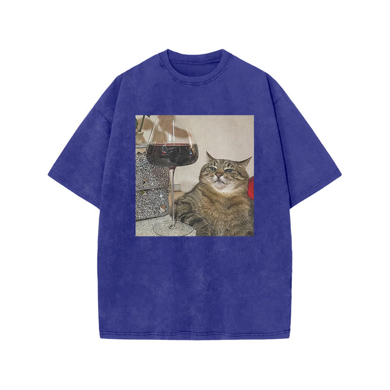 Tabby Cat & Wine Print Acid Washed T-shirt