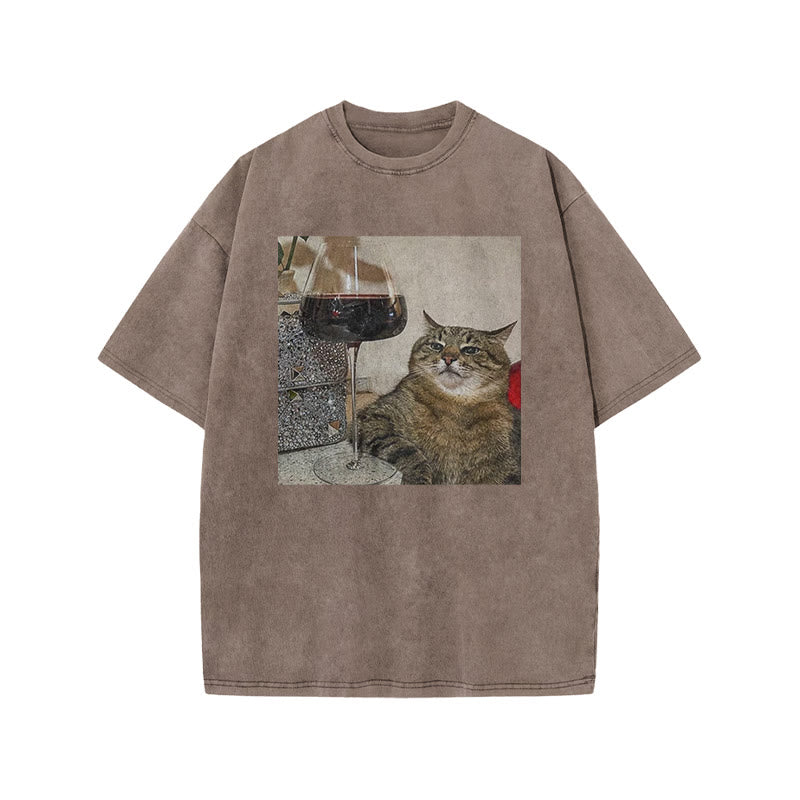 Tabby Cat & Wine Print Acid Washed T-shirt