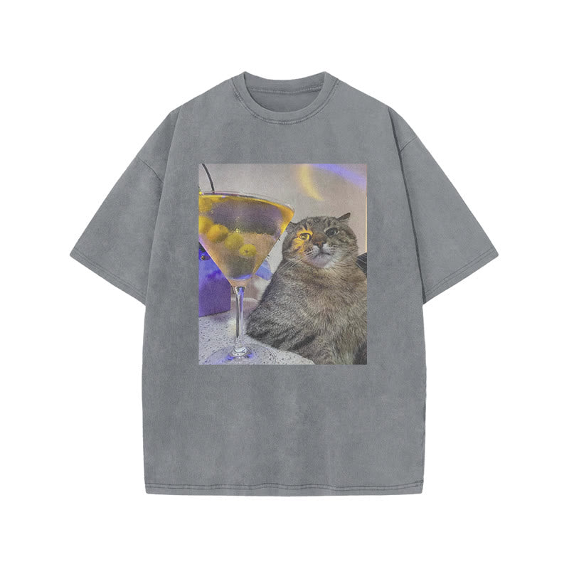 Tipsy Cat & Cocktail Print Acid Washed T-shirt