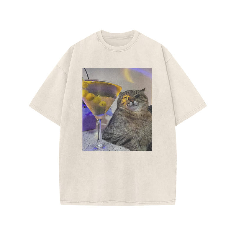 Tipsy Cat & Cocktail Print Acid Washed T-shirt